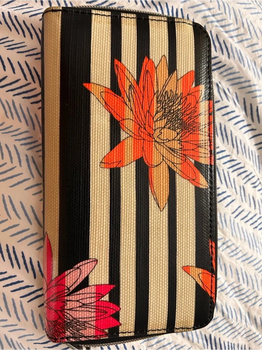 Sakroots Black-White Stripe Wallet with Pink Floral Accents